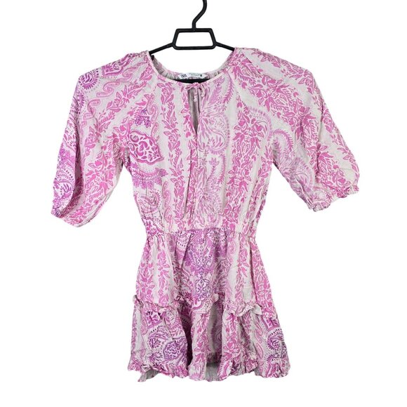 Womens Zara Pink & White Paisley Print Mini Dress Smocked Waist Ruffle Hem S - Picture 1 of 8